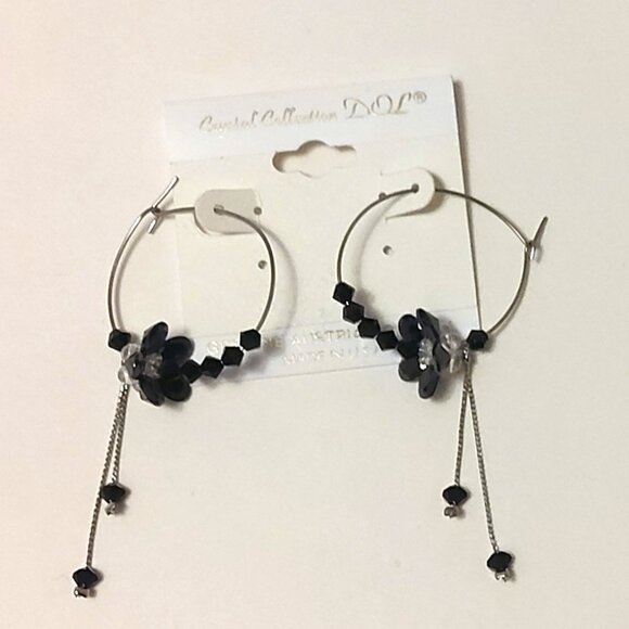 NEW Genuine Black Austrian Crystal Floral Hoop Earrings 30mm Women Jewelry - Picture 4 of 7